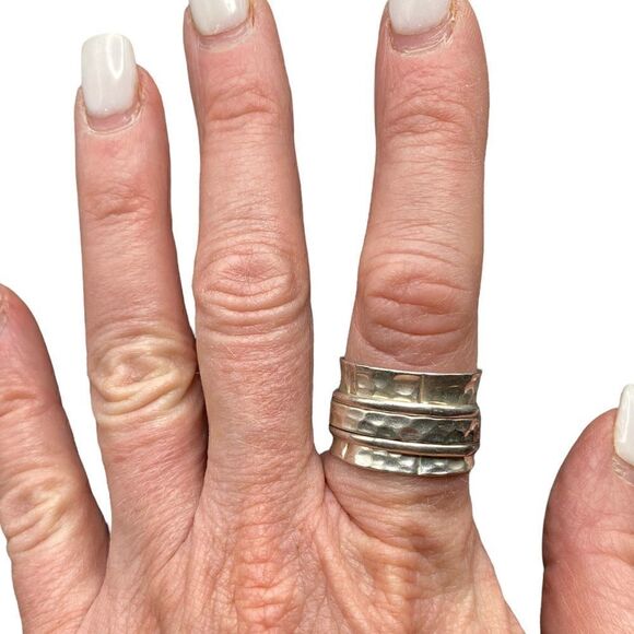 Sterling silver 925 marked B-M 3 band spinner ring hammered look to metal - Picture 4 of 9